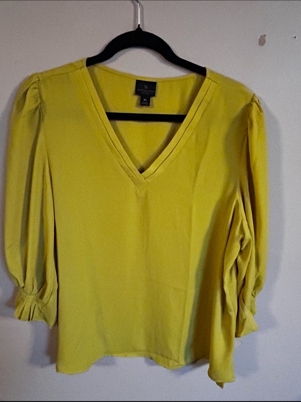 Worthington Petite PL Citron Yellow V-Neck Blouse Pleated Sleeve